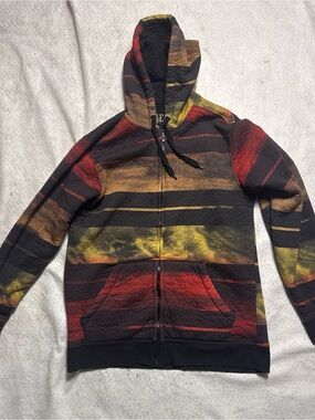 Vintage 2000s Rerun Men's Striped Zip-Up Hoodie in Black, Red & Yellow